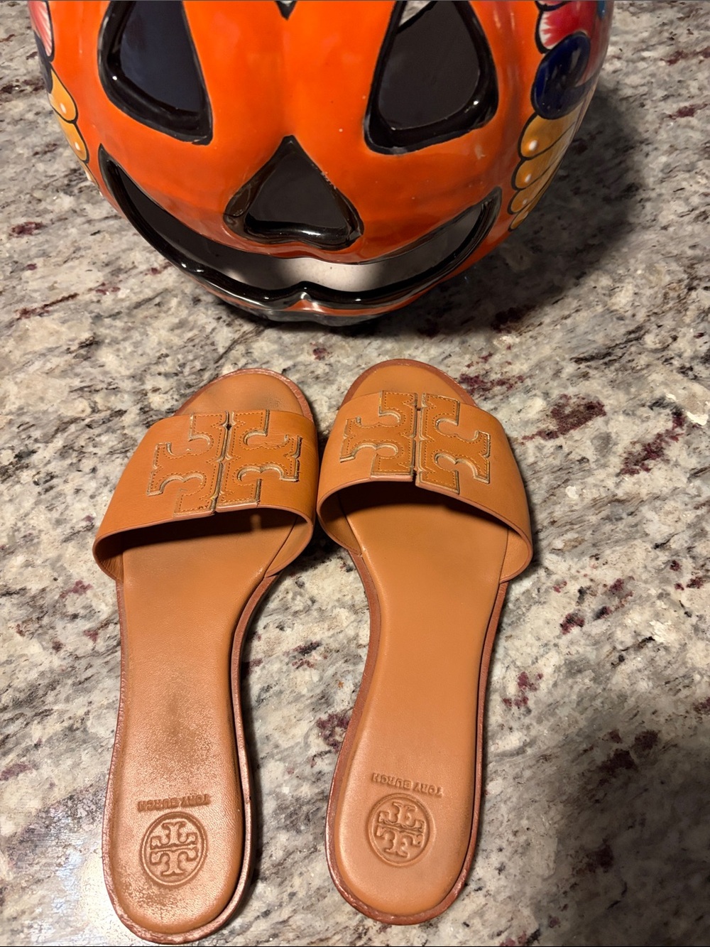 Tory Burch Tan Leather Logo Slide Sandals